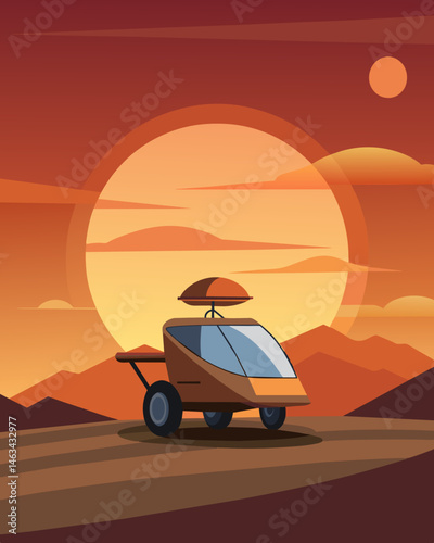 As the sun sets on the horizon a podlike autonomous vehicle continues its journey across the open plains its solarpowered engine silently propelling it forward.. Vector illustration