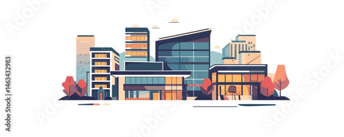 Modern urban buildings and trees in vibrant cityscape with geometric design.