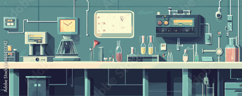 Retro scientific laboratory with vintage equipment, beakers, and clock in stylized illustration.