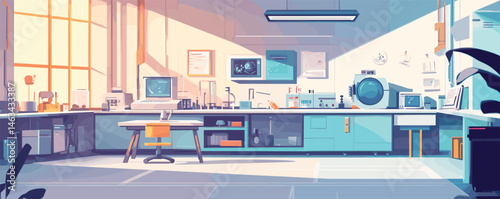 Modern science laboratory with advanced equipment and bright lighting.