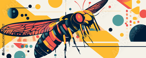 Vibrant geometric art of a colorful insect with abstract patterns and bright shapes.