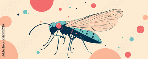 Colorful graphic illustration of a wasp with red and blue polka dot background.