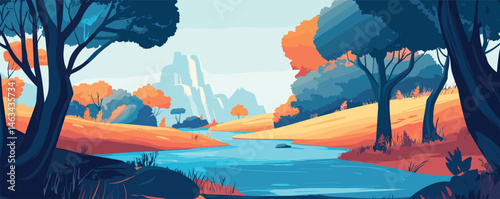 Tranquil landscape with autumn trees and calm river in scenic mountainous area.
