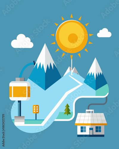 These efficient systems harness the power of the sun to melt away even the heaviest snowfall making travel safer and easier.. Vector illustration