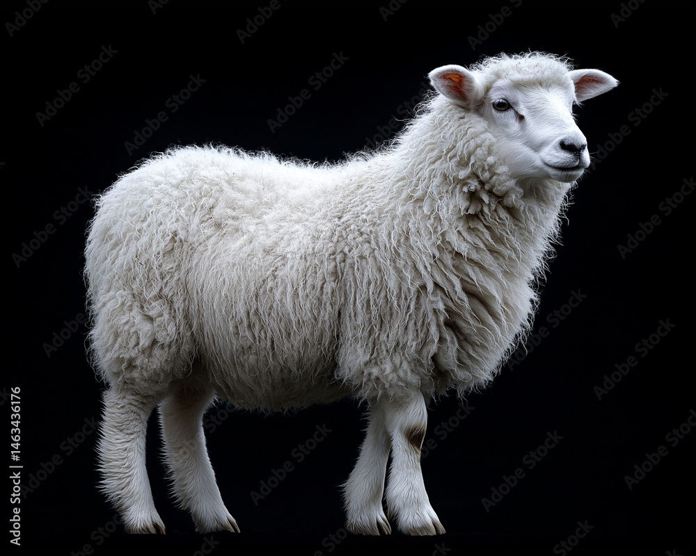 Fototapeta premium Fluffy White Sheep on Black Background – Soft Wool, Gentle Expression, High-Resolution Photo