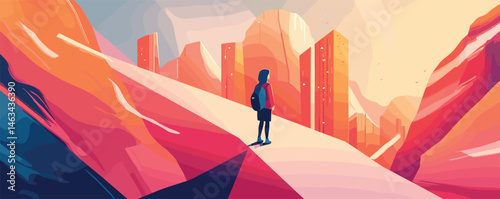 Person hiking through abstract mountainous landscape at sunrise with colorful geometric shapes.
