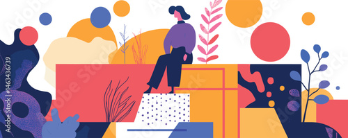 Modern abstract art with young woman sitting among vibrant geometric shapes and bold colors.