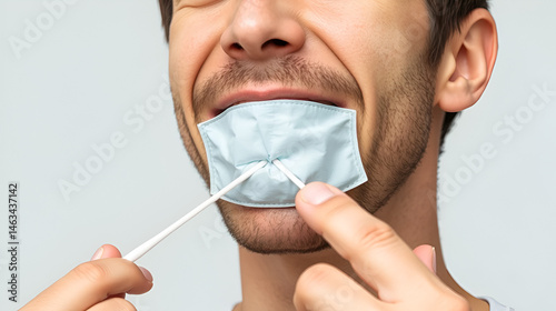 Man feeling discomfort while flossing isolated with white highlights, png