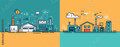 Split-screen illustration of factory and industrial innovation concepts in blue and orange.