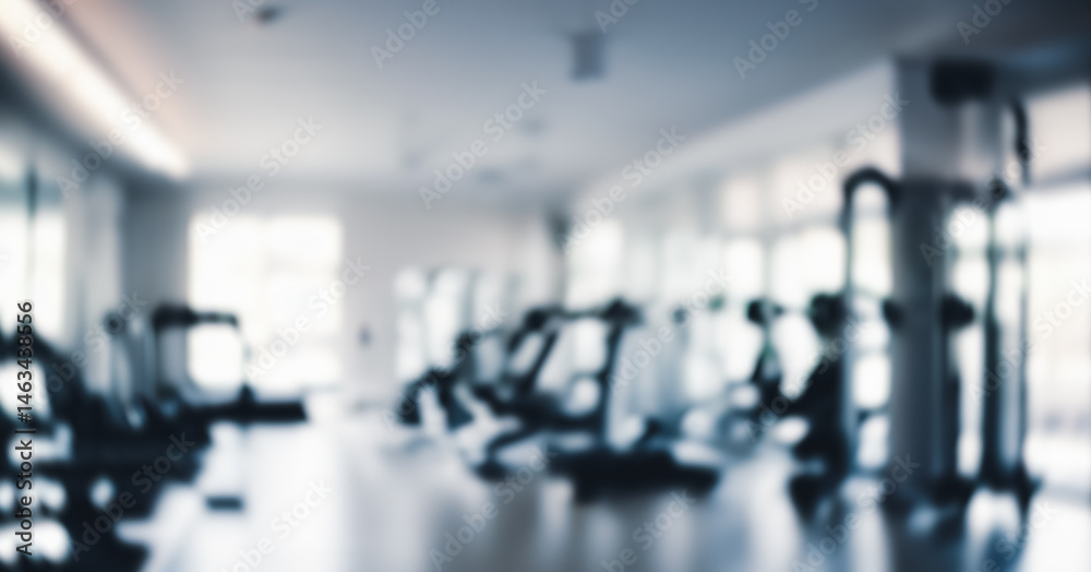 Fototapeta premium Blurred gym interior with exercise equipment and large windows providing natural light.