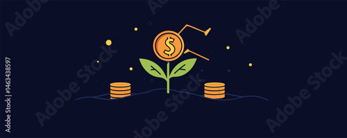 Growing money plant with dollar coin and stacks on dark background symbolizing financial growth.