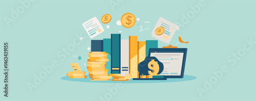 Financial growth concept with stacked coins, documents, and a laptop displaying a graph.
