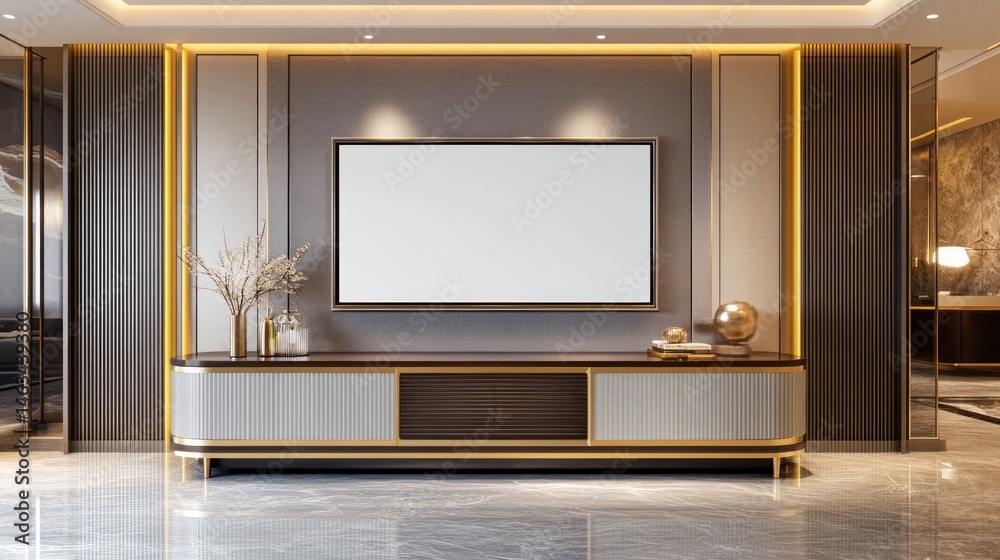 Elegant interior design featuring modern entertainment center and blank television mockup Elegant interior design featuring modern entertainment center and blank television mockup