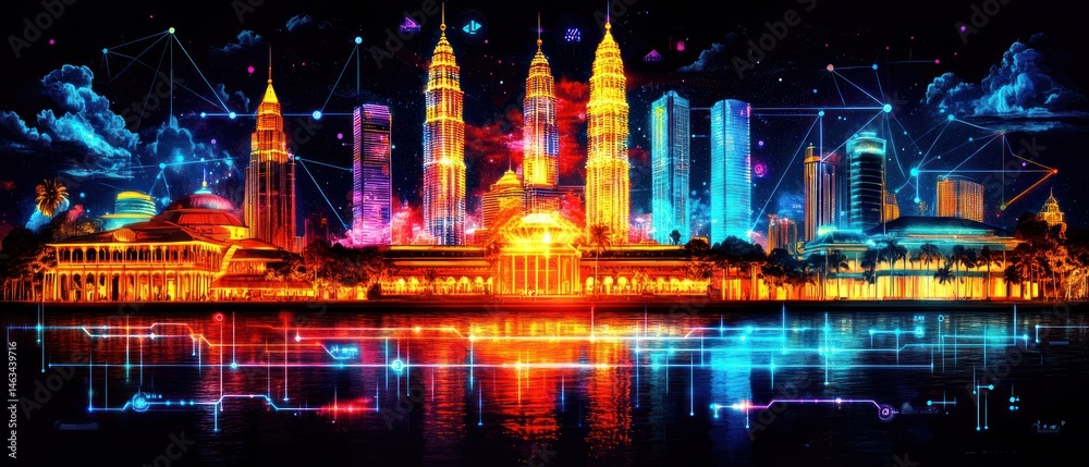 Obraz premium Vibrant Kuala Lumpur Nightscape: A Digital Symphony of Lights and Connections