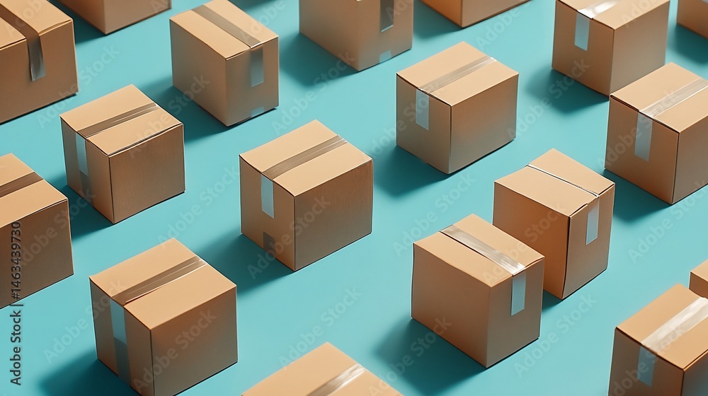 Fototapeta premium Uniformed Brown Parcel Boxes on Azure Backdrop Presenting Organized Logistics
