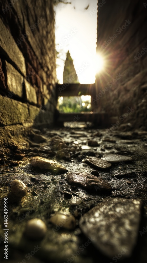 Sunlit alleyway between ancient brick walls Sunlit alleyway between ancient brick walls