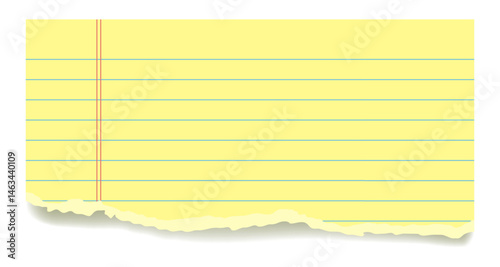 Torn legal pad paper piece vector background. Ripped yellow lined page design element. Realistic notepad paper fragment template with copy space