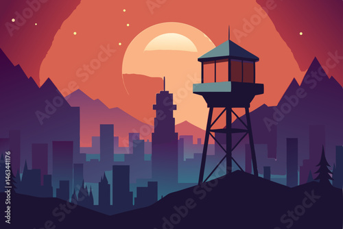 firewatch tower in the middle of a glowing urban 