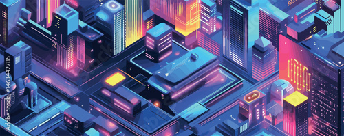 Futuristic neon cityscape at night with vibrant lights and high-rise buildings.