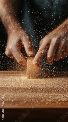 Artisan Woodworking: Hands Shaping Wood, Dust Flying