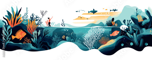 Colorful coral reef scene with snorkeler and diverse marine life in vibrant ocean setting.