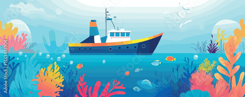 Vibrant underwater scene with colorful reef and ship in tropical ocean.