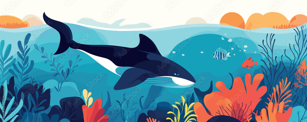 Obraz premium Orca swimming among coral reefs and fish in a vibrant underwater scene.