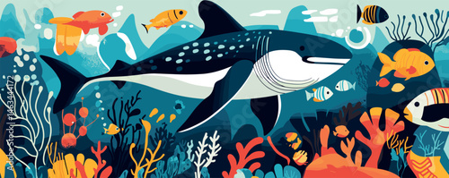 Colorful underwater scene with majestic killer whale and vibrant tropical fish.