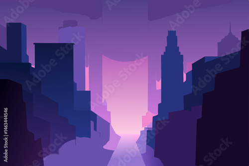 fog pouring through a skyscraper canyon lit with 