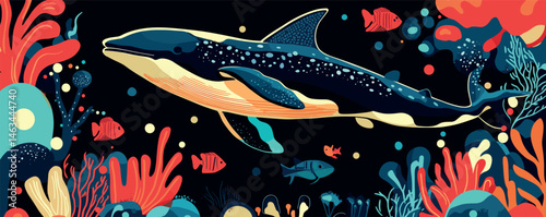 Colorful ocean scene with humpback whale and tropical fish in vibrant underwater world.