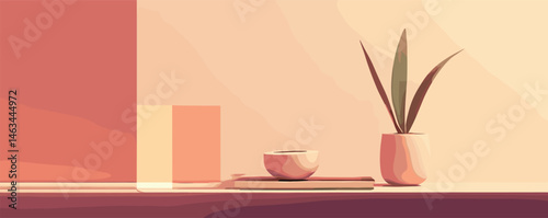 Minimalist interior with potted plant and cup on wooden shelf in soft pastel tones.