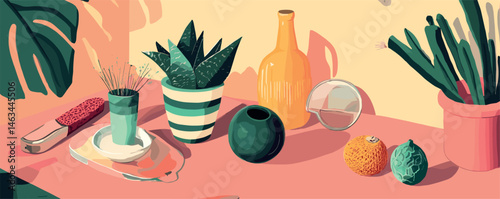 Colorful still life with plants and fruits on pink table in sunlit room.