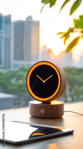 Modern LED Clock with Warm Orange Light on Desk