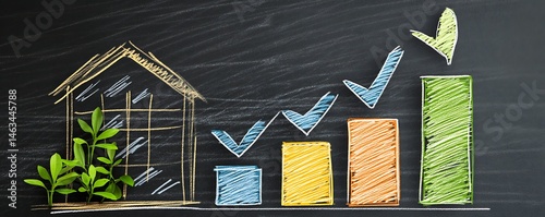 Chalkboard drawing a house with plants, increasing bars, and check marks to symbolize growth