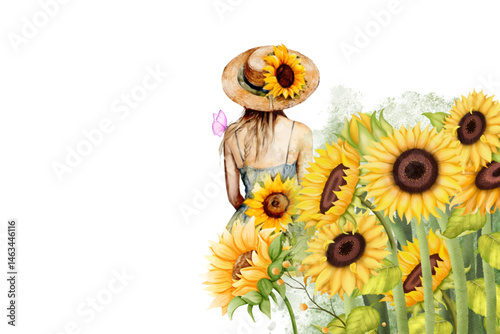 Delicate watercolor painting of a serene woman surrounded by soft pink butterflies and vibrant sunflowers. Ethereal and dreamlike, this artwork evokes a sense of peace and natural beauty.