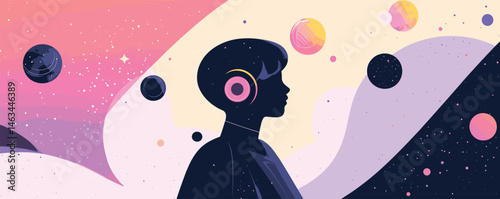 Silhouette of young person listening to music in cosmic dreamscape with planets and stars.