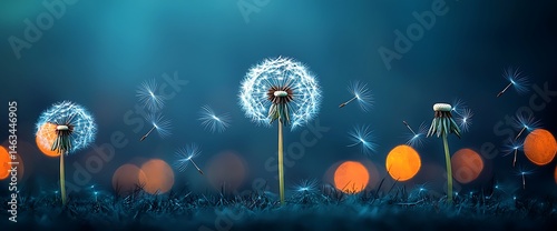 Dandelions with seeds blowing in the wind against a bokeh background