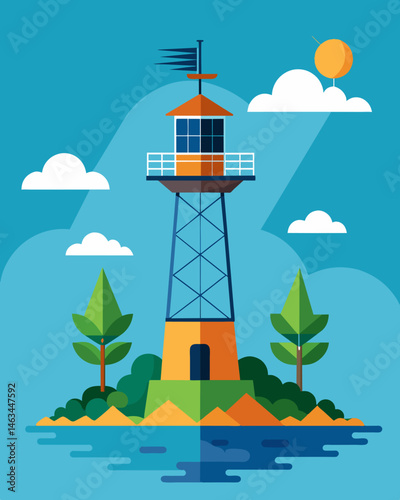 Standing on a secluded island a solarpowered tower provides vital communication for fishermen and locals allowing them to stay connected with the mainland.. Vector illustration