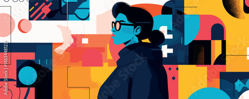Stylized woman in glasses with colorful abstract geometric background art.