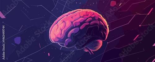 Colorful abstract brain on futuristic digital background with geometric patterns.