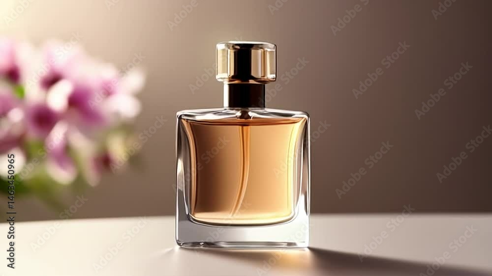 Elegant Amber Perfume Bottle on White Surface with Blurry Purple Flowers Background Elegant Amber Perfume Bottle on White Surface with Blurry Purple Flowers Background