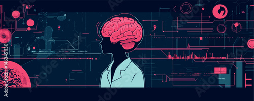 Silhouette of female scientist analyzing brain data on futuristic digital interface.