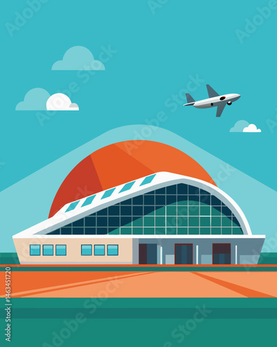 The sleek modern design of these airport hangars is matched only by their advanced technology solar panels that power the entire facility.. Vector illustration