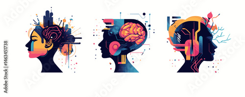 Abstract profiles: creative silhouettes with brain patterns and headphones.