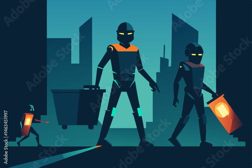 futuristic garbage collector bots glowing 