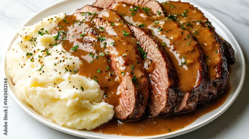 Fototapeta premium Roast beef with gravy and mashed potatoes
