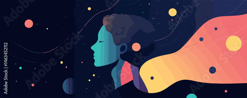 Abstract side profile of woman engulfed in celestial cosmic elements and vibrant colors.
