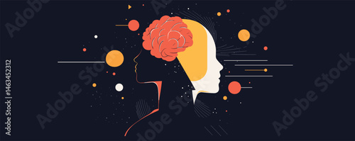 Abstract illustration of human mind with dual silhouette and brain in cosmic space.