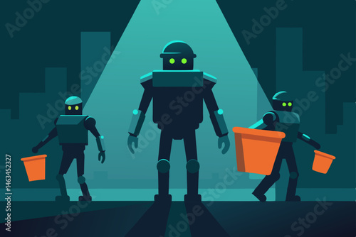futuristic garbage collector bots glowing 