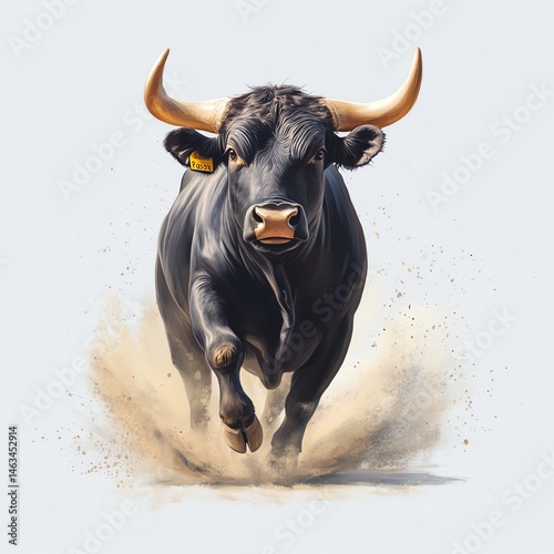 A powerful black bull charging forward, energetic and dynamic, on a white background.